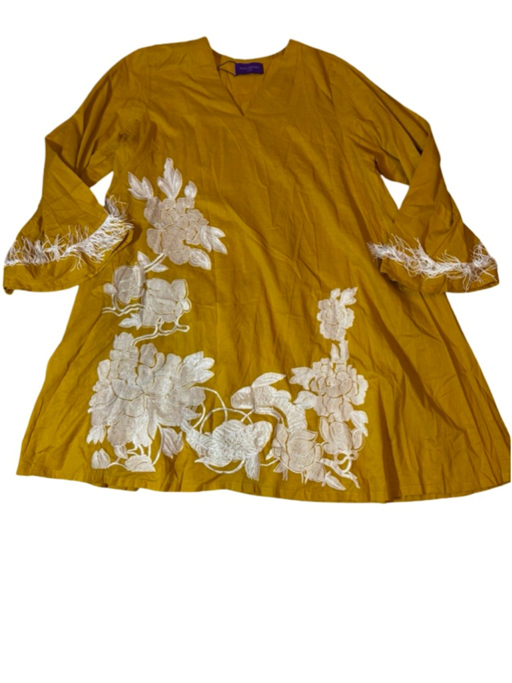Sana Safinaz Mustard Cotton Embroidered Floral Feather Sleeve Tunic Top L